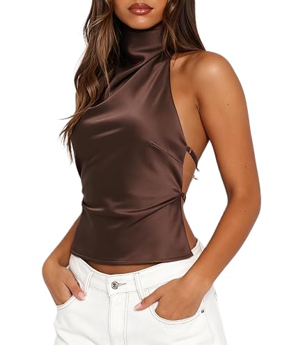 Womens Mock Neck Satin Tank Tops Backless Silk Halter Top Sexy